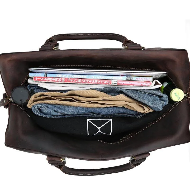 Mens Vintage Leather Duffel Travel Weekender Bag