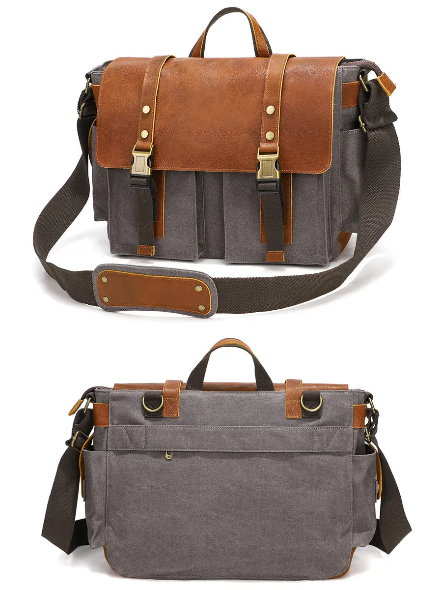 Mens Waxed Canvas Briefcase with Top-Grain Leather