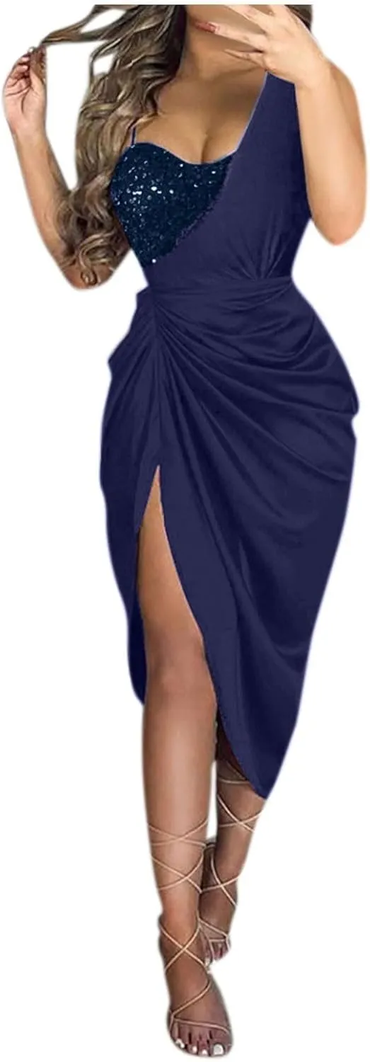 Midi Dresses for Women High Split Sparkly Sequin Corset Dress Sexy Club Cocktail Party Asymmetrical Bodycon Dress 2025