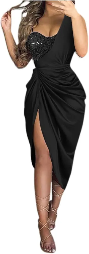 Midi Dresses for Women High Split Sparkly Sequin Corset Dress Sexy Club Cocktail Party Asymmetrical Bodycon Dress 2025