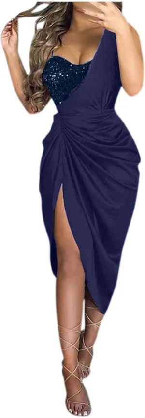 Midi Dresses for Women High Split Sparkly Sequin Corset Dress Sexy Club Cocktail Party Asymmetrical Bodycon Dress 2025