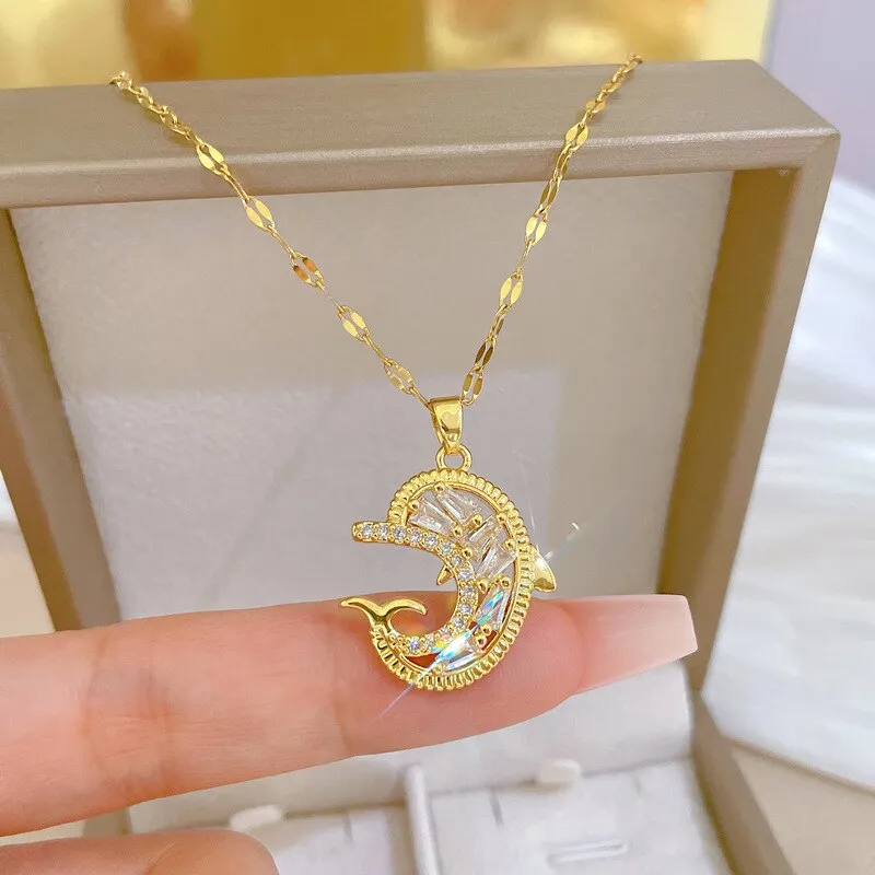 Minimalist Dolphin Cubic Zirconia Heart Pendant Necklace Trendy Titanium Steel Jewelry Women
