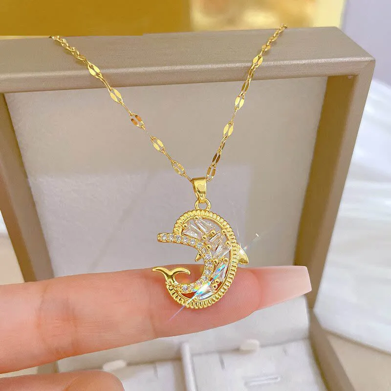 Minimalist Dolphin Cubic Zirconia Heart Pendant Necklace Trendy Titanium Steel Jewelry Women