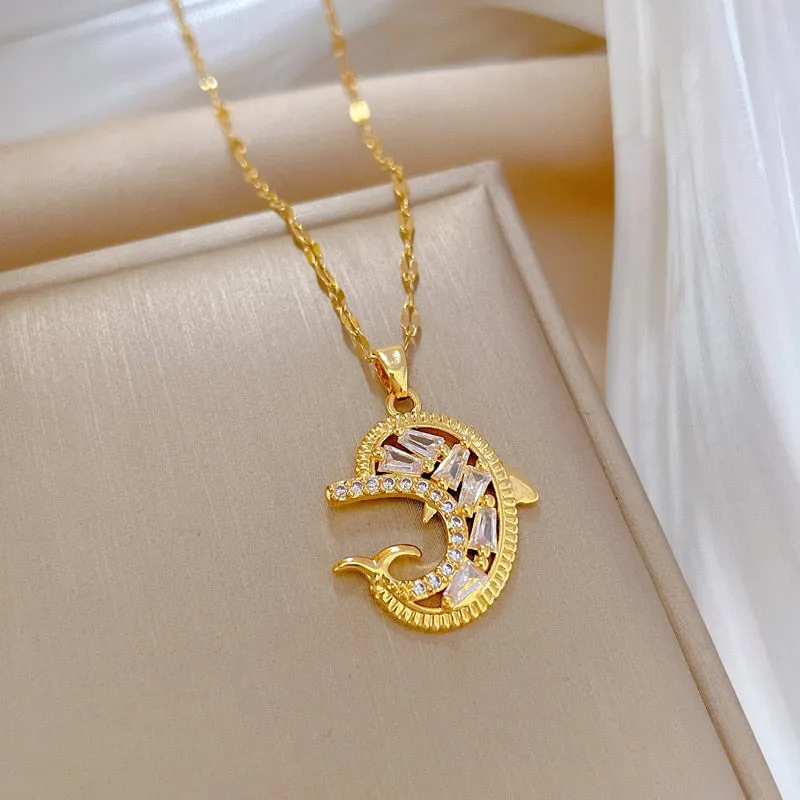 Minimalist Dolphin Cubic Zirconia Heart Pendant Necklace Trendy Titanium Steel Jewelry Women