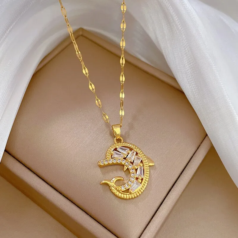 Minimalist Dolphin Cubic Zirconia Heart Pendant Necklace Trendy Titanium Steel Jewelry Women