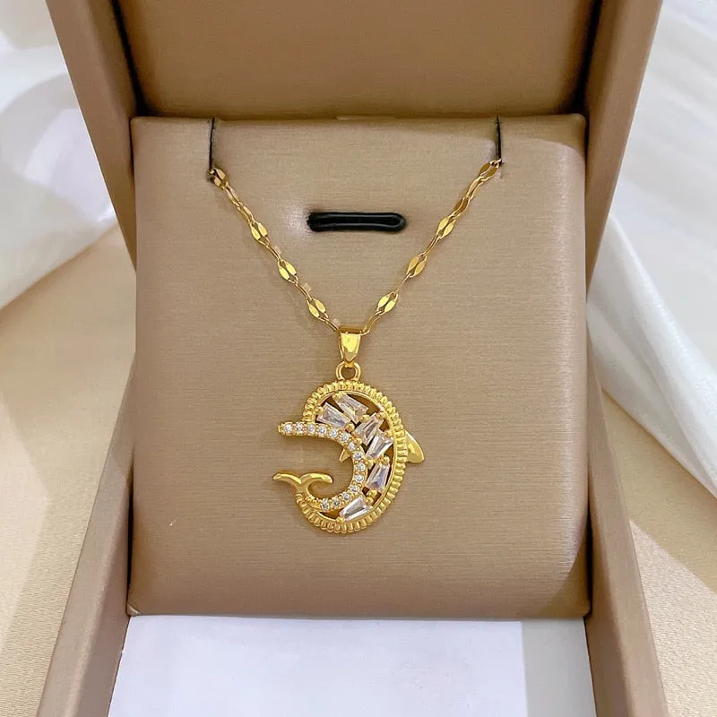 Minimalist Dolphin Cubic Zirconia Heart Pendant Necklace Trendy Titanium Steel Jewelry Women