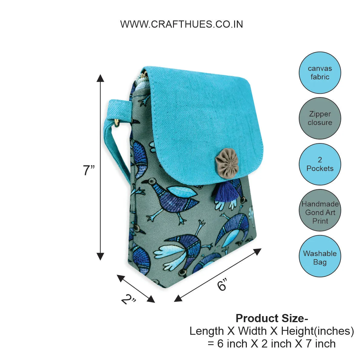 Mobile Sling Bag- Gond Blue Bird