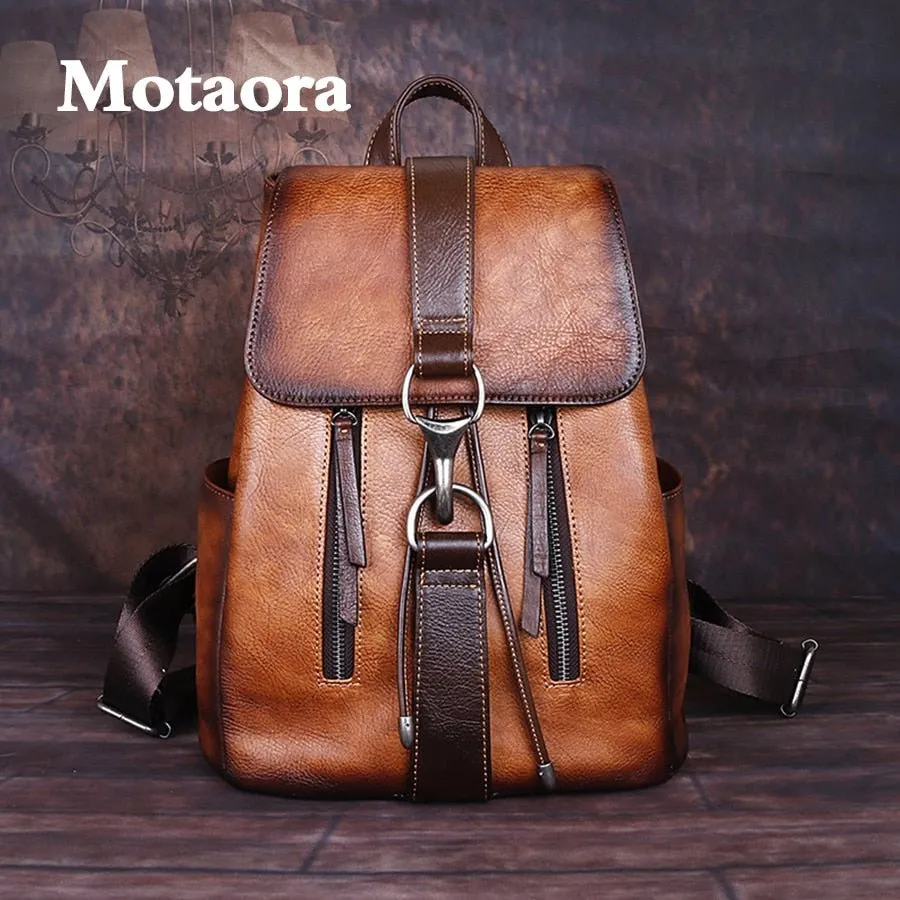 MOTAORA Leather Retro Large Capacity Vintage Backpack