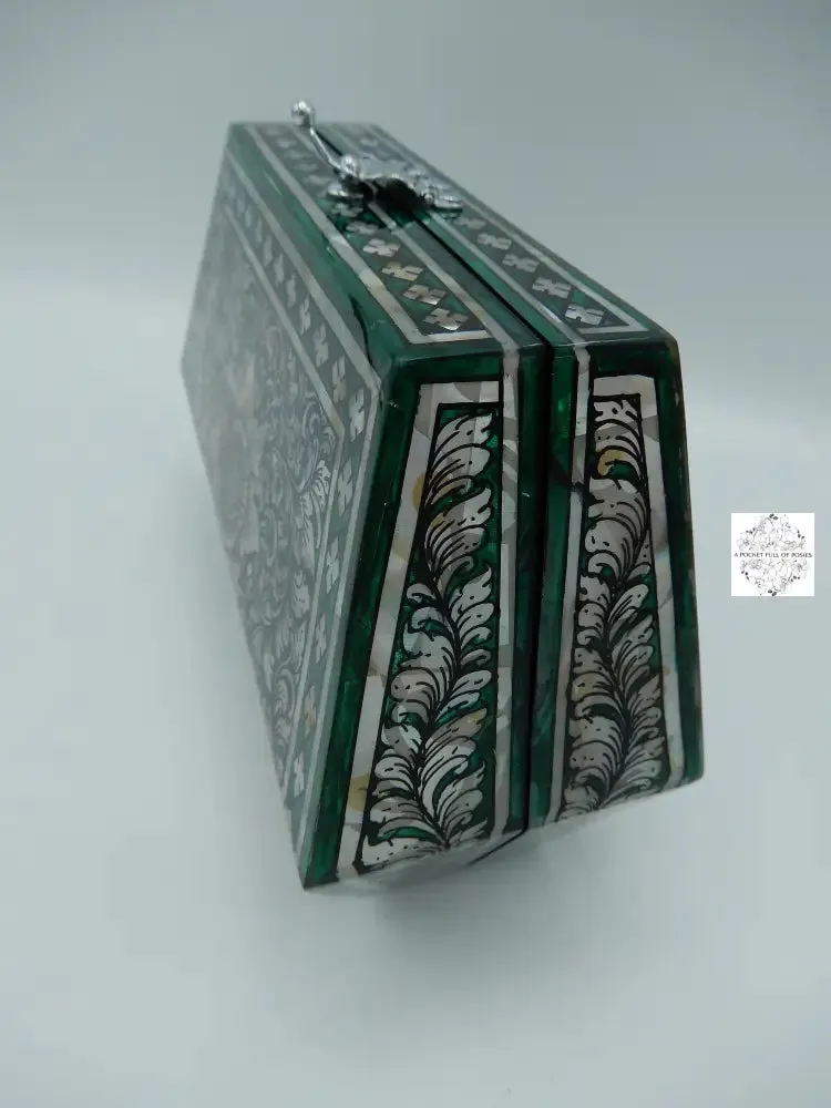 Mother of Pearl Clutch - Modern, Flower Design in Green & White Color, Lacquered Evening Bag, Inlay Handbag with Velvet Lining