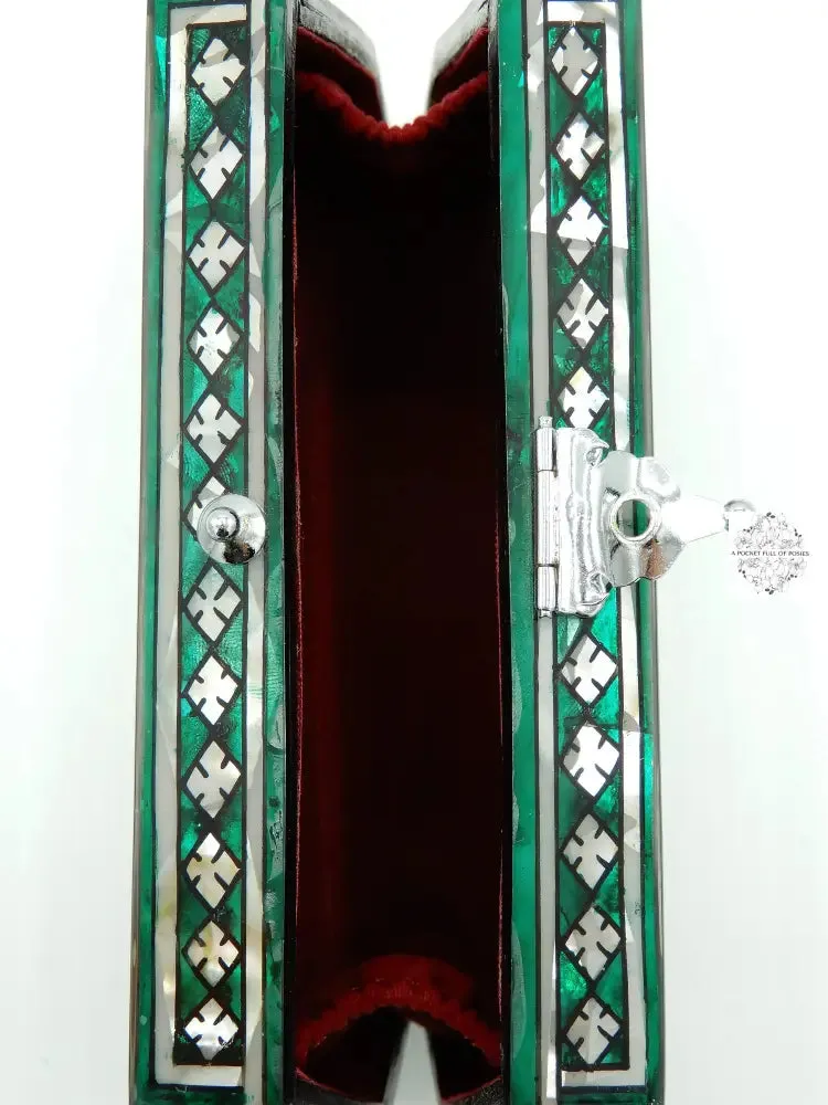 Mother of Pearl Clutch - Modern, Flower Design in Green & White Color, Lacquered Evening Bag, Inlay Handbag with Velvet Lining