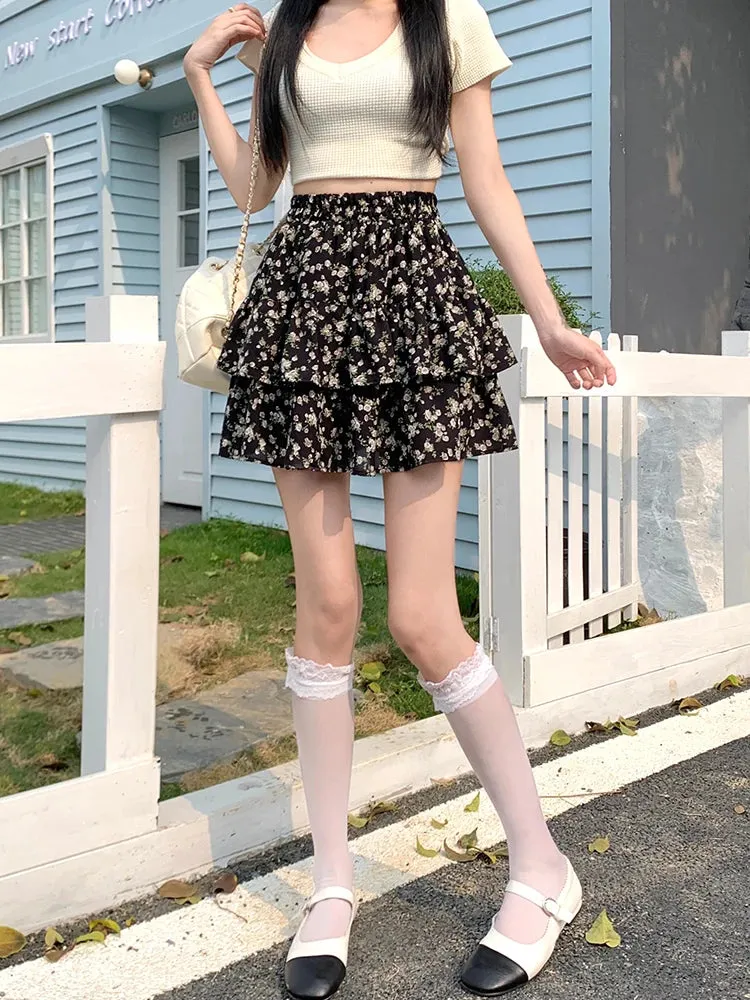 MQTIME  -  2024 Summer New Korean Edition Sweet Small Fragmented Flower Short High Waist Slim Loose A-line Fluffy Half skirt for women