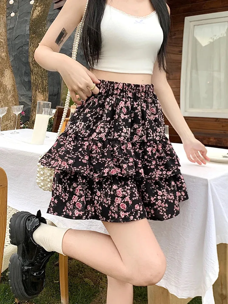 MQTIME  -  2024 Summer New Korean Edition Sweet Small Fragmented Flower Short High Waist Slim Loose A-line Fluffy Half skirt for women