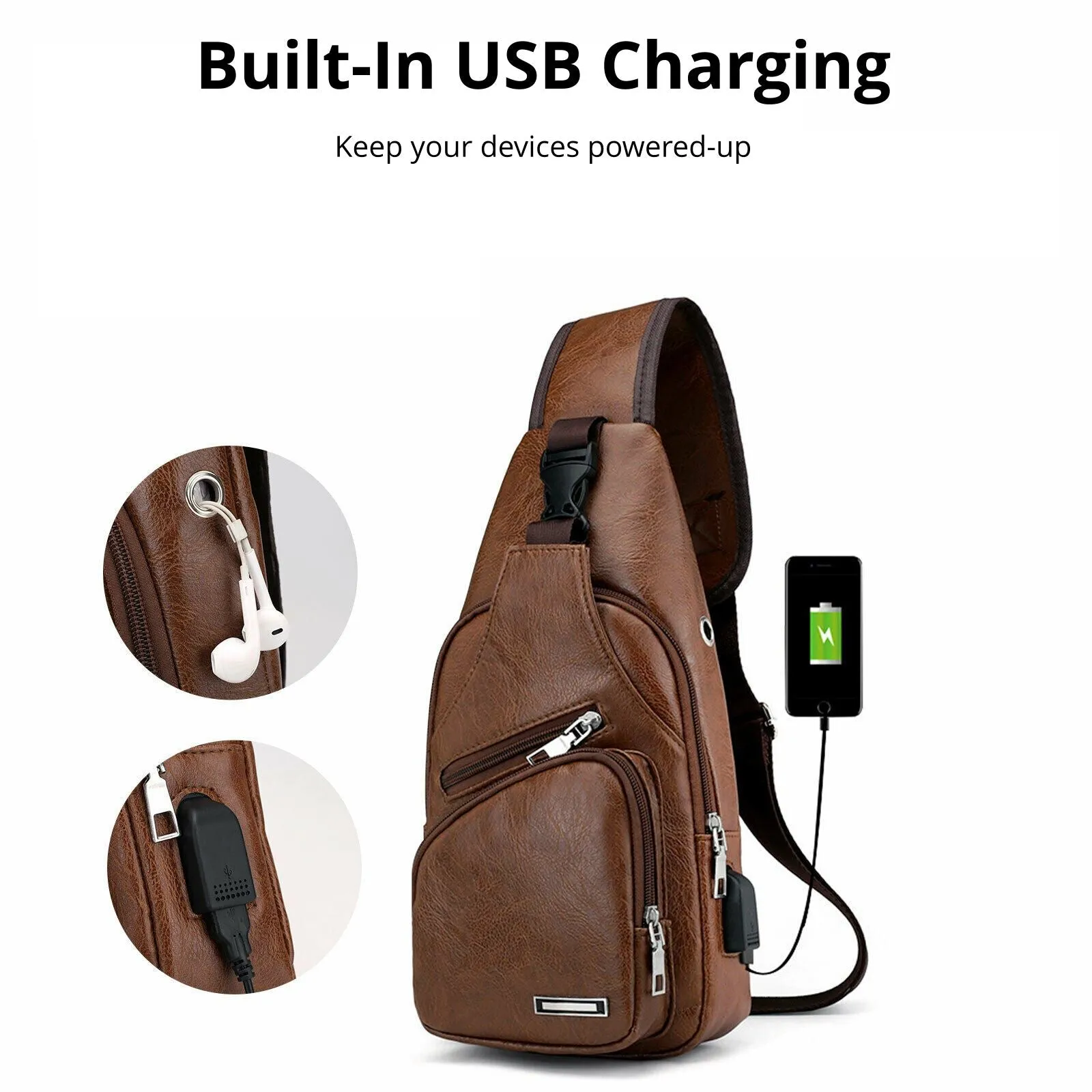 MROYALE™ Mini Sling Men's Leather USB Chest Crossbody Shoulder Day Bag