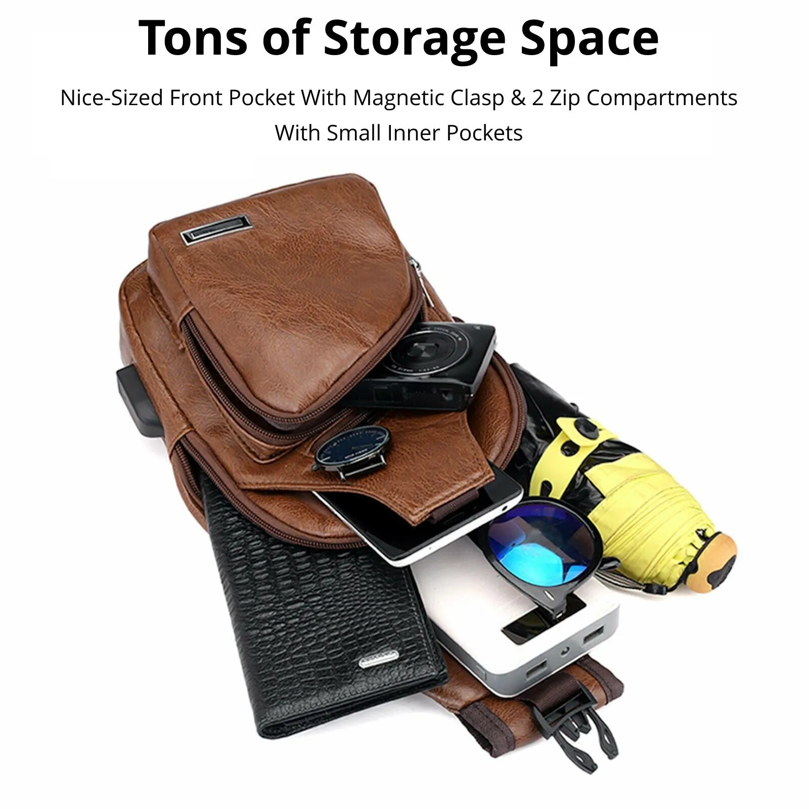 MROYALE™ Mini Sling Men's Leather USB Chest Crossbody Shoulder Day Bag