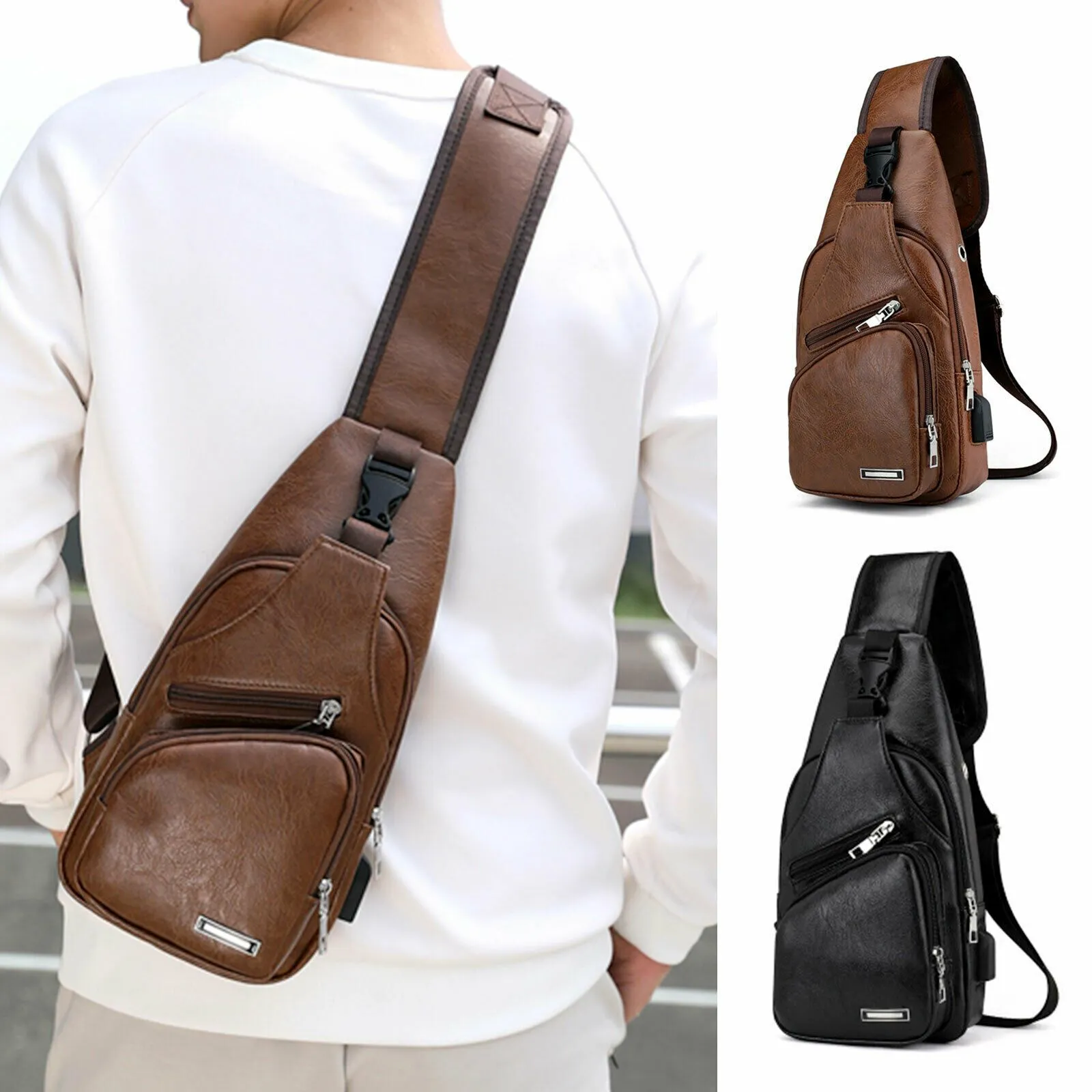 MROYALE™ Mini Sling Men's Leather USB Chest Crossbody Shoulder Day Bag