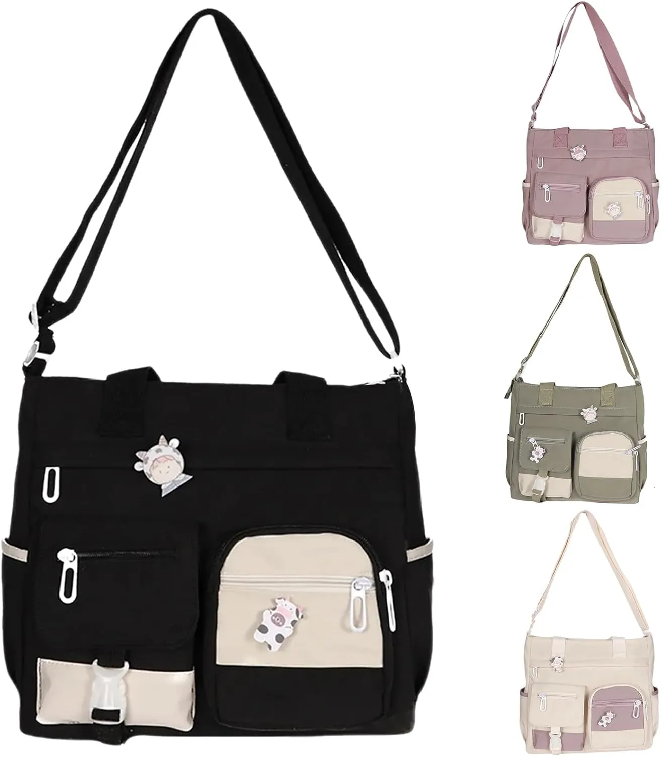 Multi Purpose Shoulder Bag Large Capacity Messenger Bag Student Girl CanvasBag Korean Fashion Casual (Black, One Size)