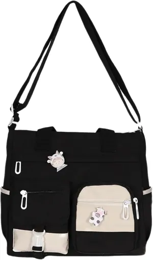 Multi Purpose Shoulder Bag Large Capacity Messenger Bag Student Girl CanvasBag Korean Fashion Casual (Black, One Size)