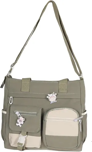 Multi Purpose Shoulder Bag Large Capacity Messenger Bag Student Girl CanvasBag Korean Fashion Casual (Green, One Size)