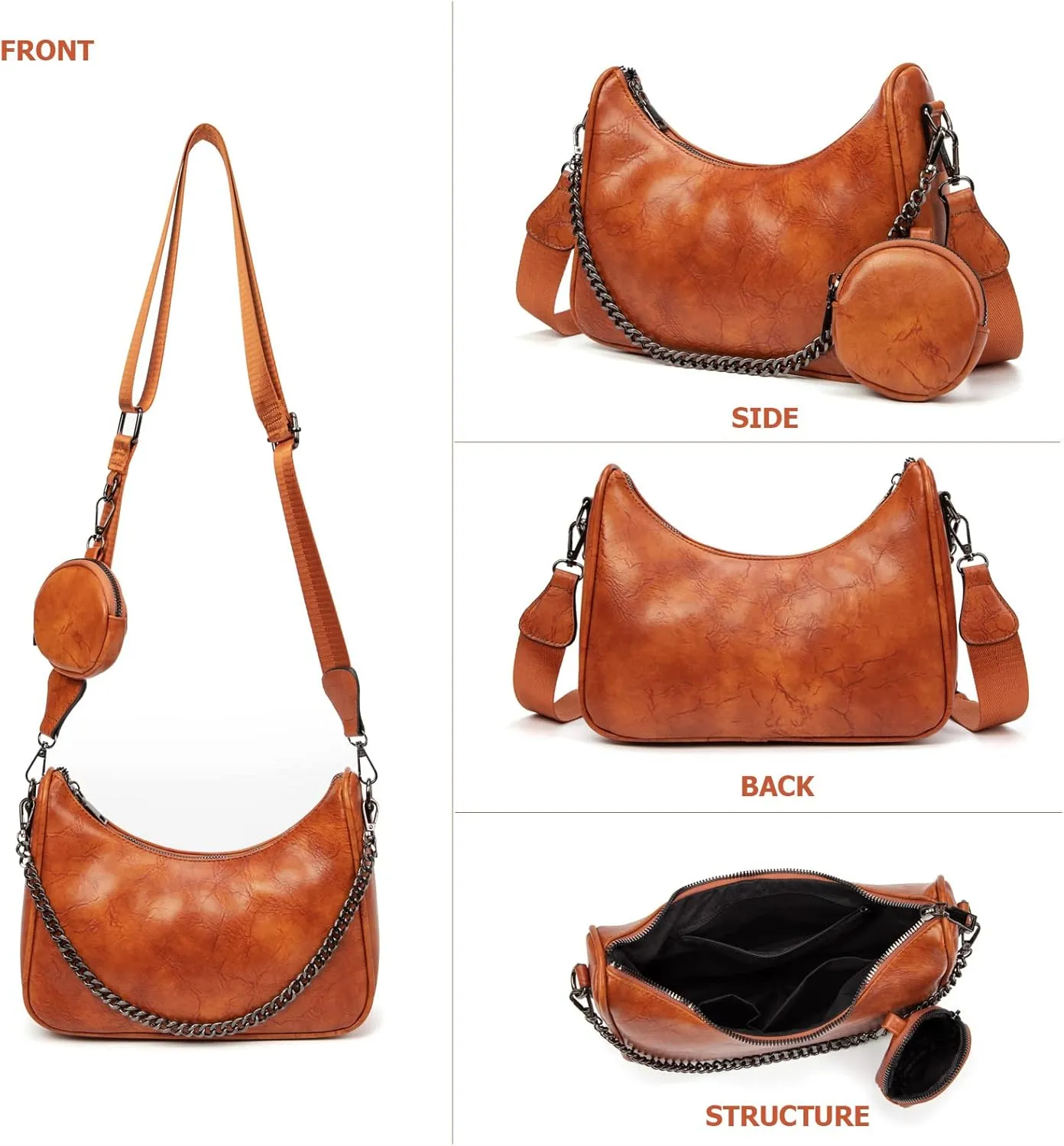 myfriday Crossbody Hobo Handbags for Women with Coin Purse Pouch, Soft Leather Designer Shoulder Bags - 2 Size Shoulder Strap