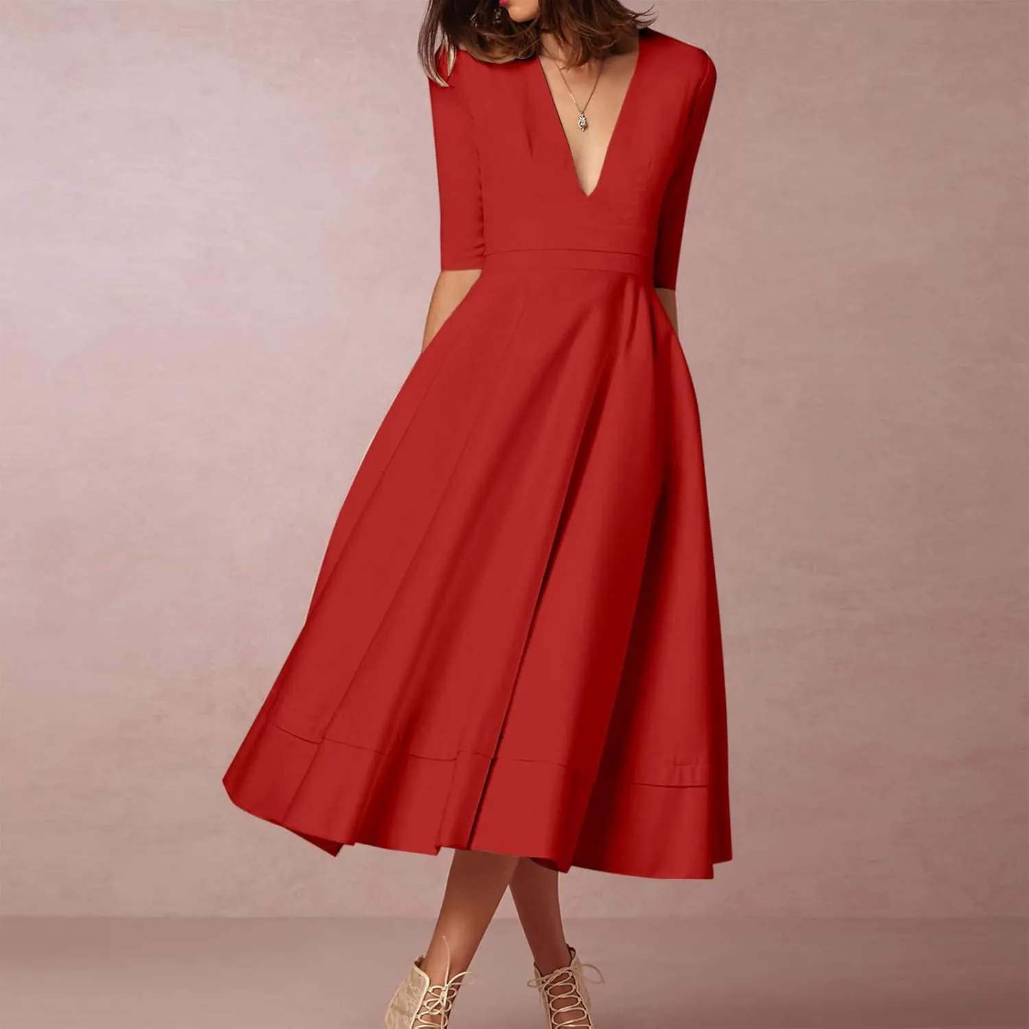 NaRHbrg Women's Sexy Deep V Neck Maxi Dress 3/4 Sleeve Ruched Evening Party Dress High Waist Flowy Wedding Guest Dresses