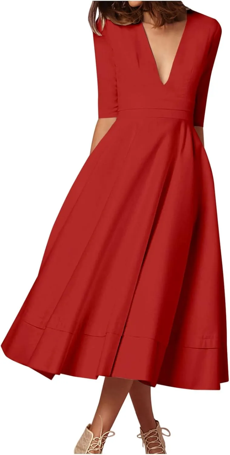 NaRHbrg Women's Sexy Deep V Neck Maxi Dress 3/4 Sleeve Ruched Evening Party Dress High Waist Flowy Wedding Guest Dresses