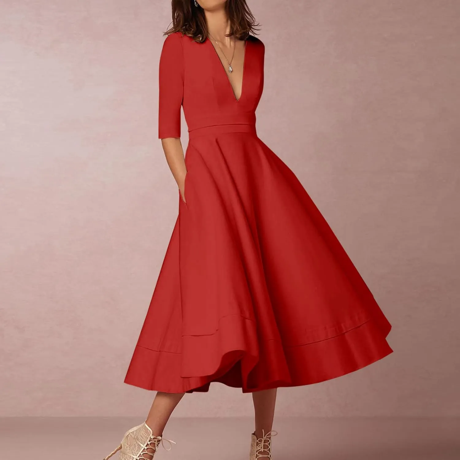 NaRHbrg Women's Sexy Deep V Neck Maxi Dress 3/4 Sleeve Ruched Evening Party Dress High Waist Flowy Wedding Guest Dresses