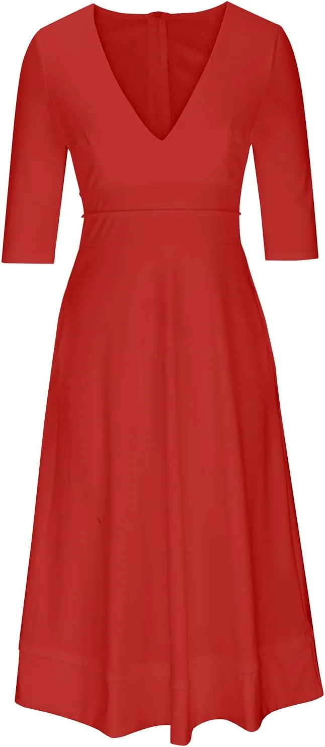 NaRHbrg Women's Sexy Deep V Neck Maxi Dress 3/4 Sleeve Ruched Evening Party Dress High Waist Flowy Wedding Guest Dresses