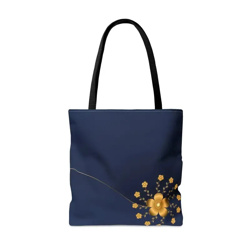 Navy Blue Tote Bag with Gold Flowers