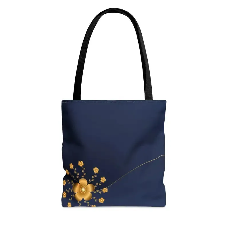 Navy Blue Tote Bag with Gold Flowers