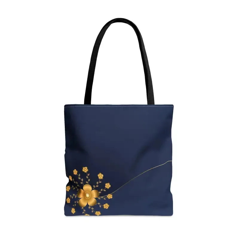 Navy Blue Tote Bag with Gold Flowers