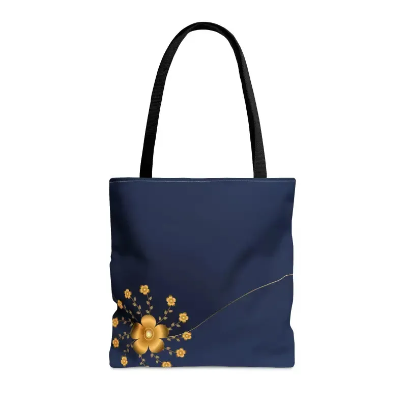 Navy Blue Tote Bag with Gold Flowers