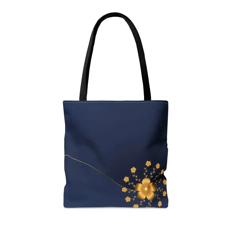 Navy Blue Tote Bag with Gold Flowers