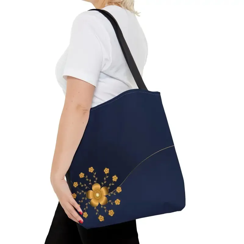 Navy Blue Tote Bag with Gold Flowers
