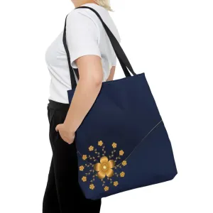 Navy Blue Tote Bag with Gold Flowers