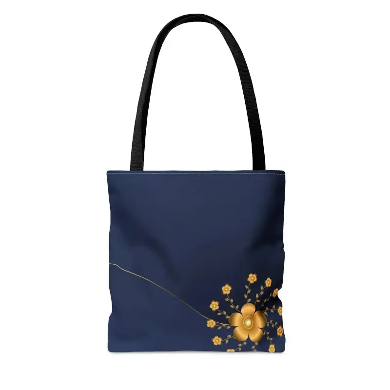 Navy Blue Tote Bag with Gold Flowers