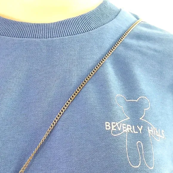 NEW Retails $175, S.Charma Blue Cotton Sweatshirt w/Removable Chain Textile Teddy Bear, Fits like an XL