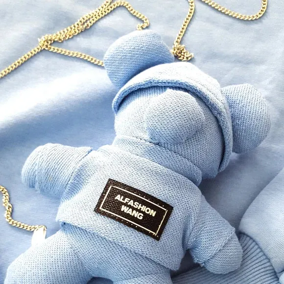NEW Retails $175, S.Charma Blue Cotton Sweatshirt w/Removable Chain Textile Teddy Bear, Fits like an XL