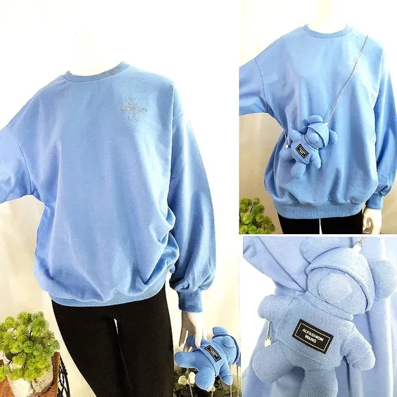NEW Retails $175, S.Charma Blue Cotton Sweatshirt w/Removable Chain Textile Teddy Bear, Fits like an XL
