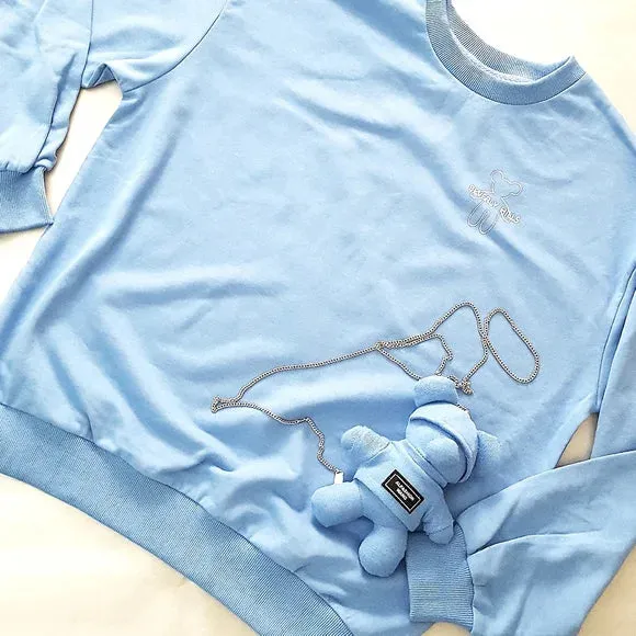 NEW Retails $175, S.Charma Blue Cotton Sweatshirt w/Removable Chain Textile Teddy Bear, Fits like an XL