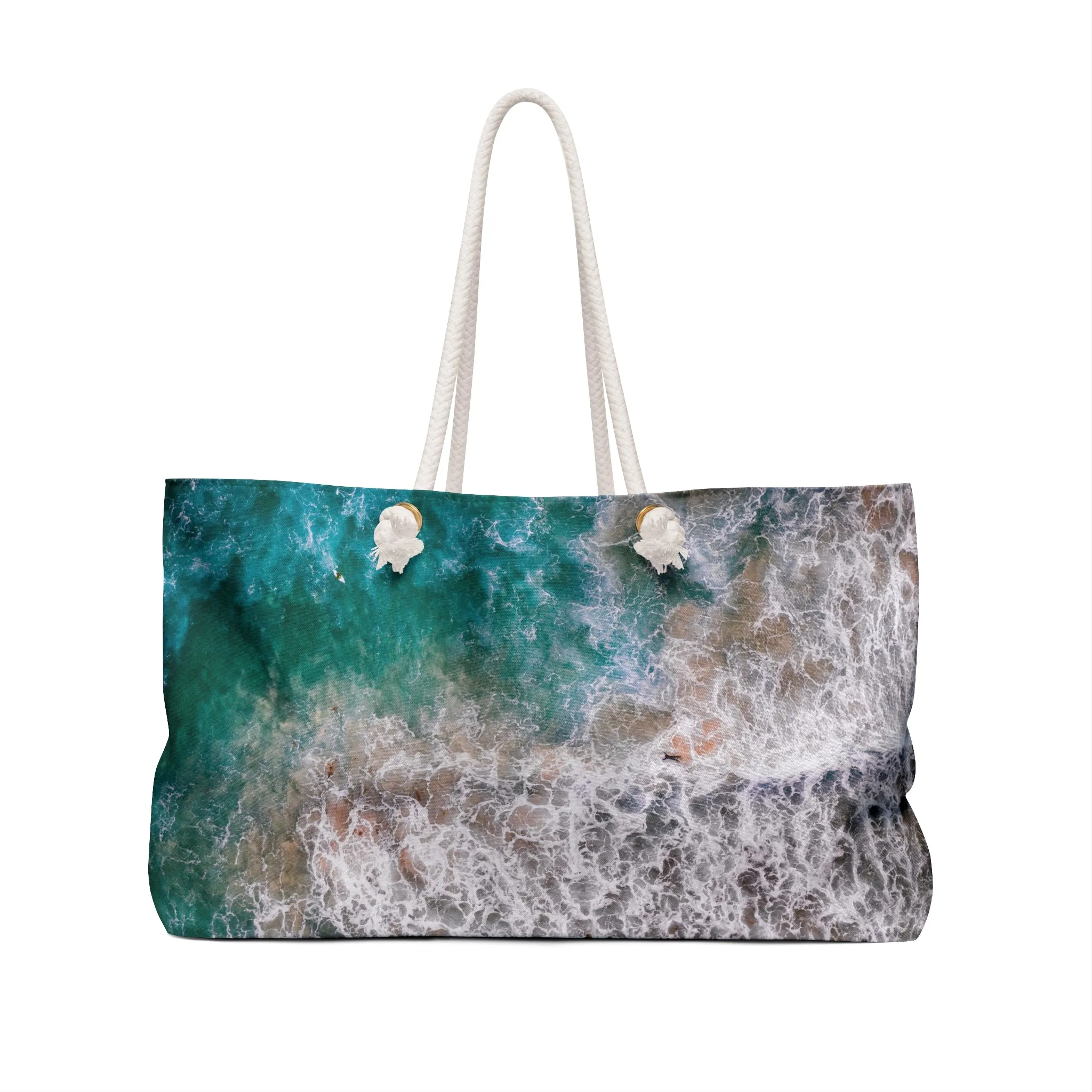 Ocean's Embrace: Deep Green Waters with White Waves Crashing onto the Beach - Weekender Oversized Canvas Tote Bag 24" × 13"