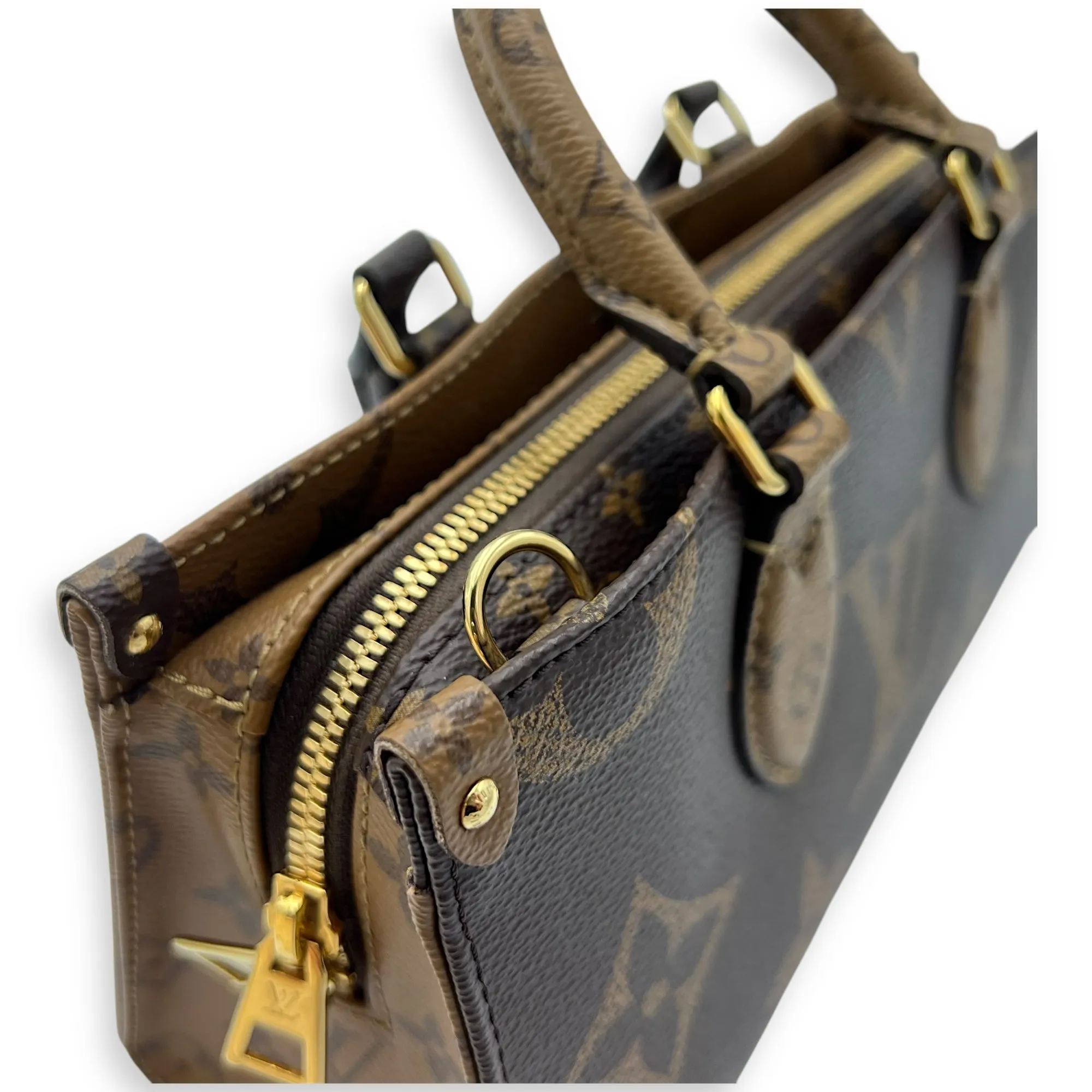 OnTheGo Tote Bag East West Brown in Monogram Coated Canvas, Gold hardware