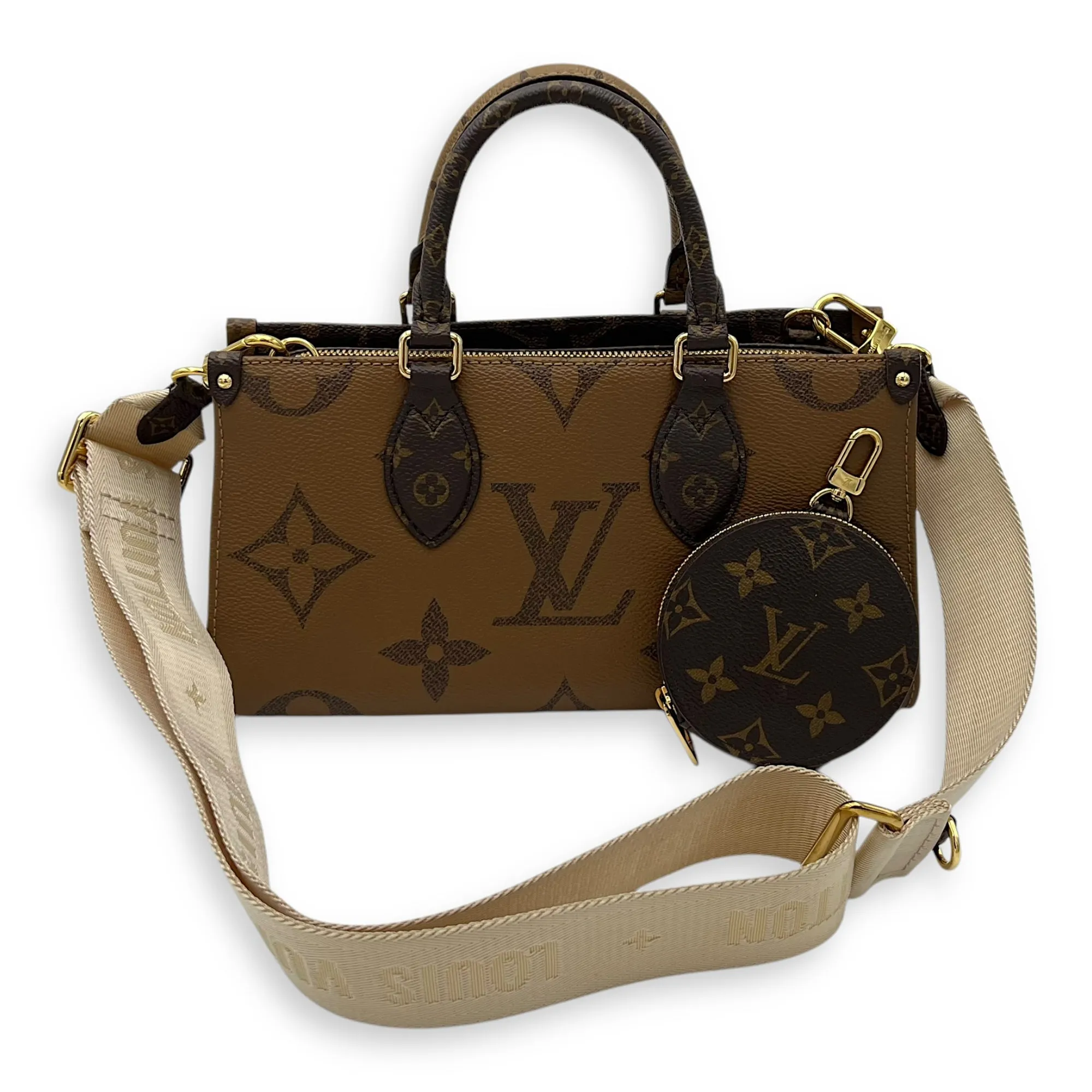 OnTheGo Tote Bag East West Brown in Monogram Coated Canvas, Gold hardware