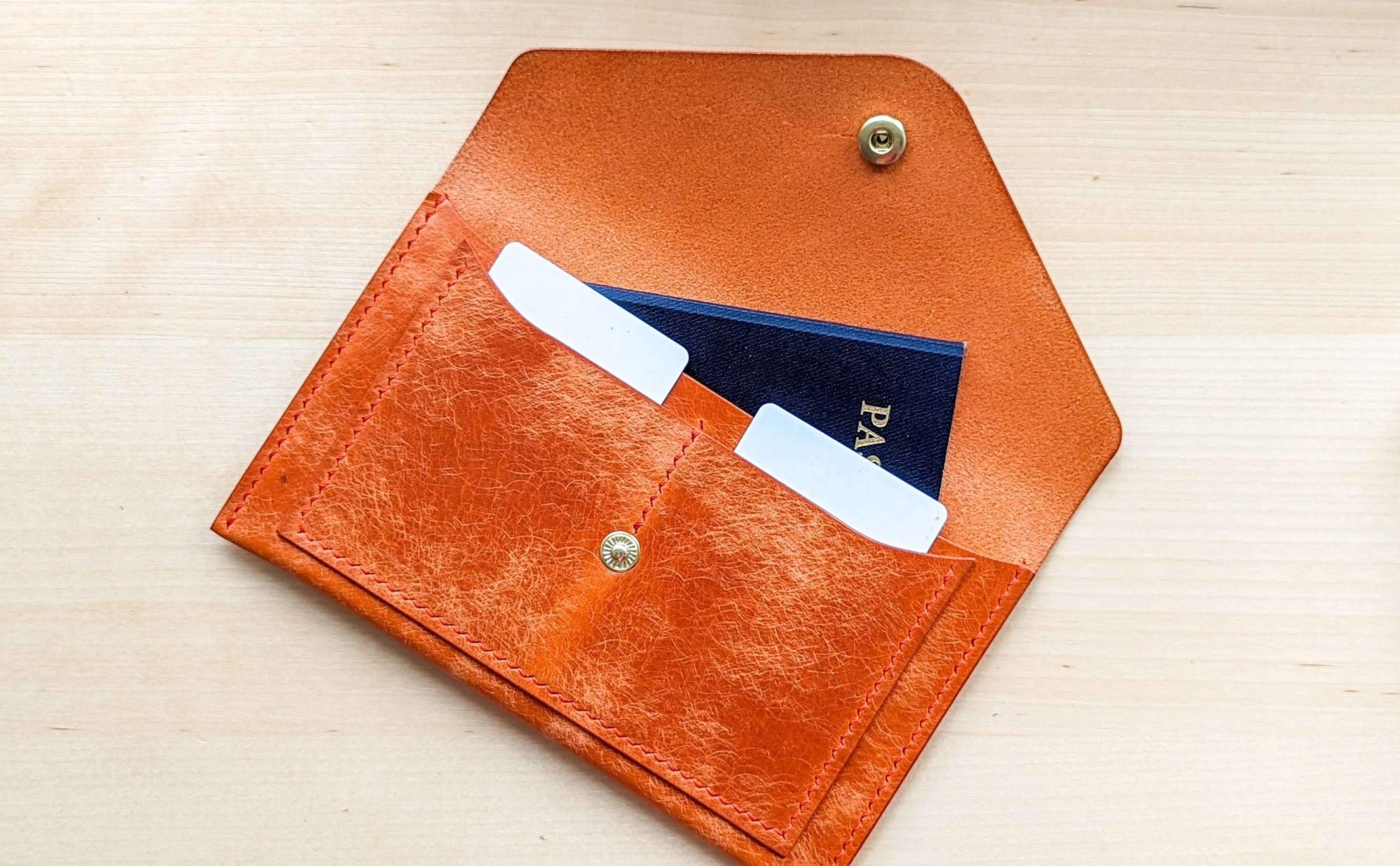 Orange Hand Sewn Italian Leather Envelope Cash/Card Wallet