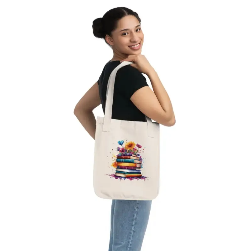 Organic Canvas Tote Bag with Books and Flowers