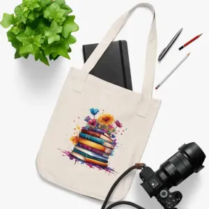 Organic Canvas Tote Bag with Books and Flowers