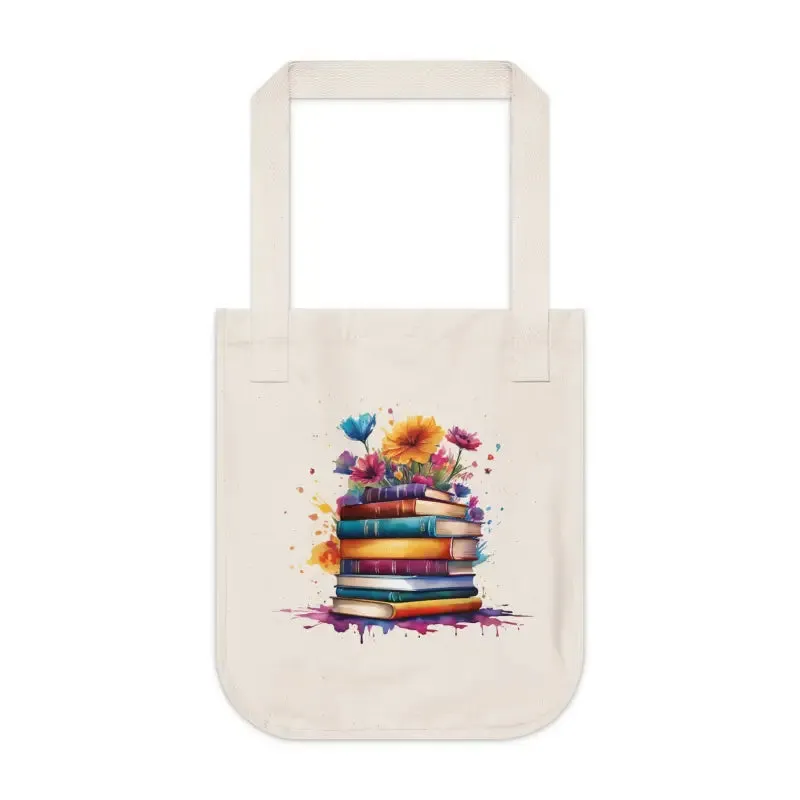 Organic Canvas Tote Bag with Books and Flowers