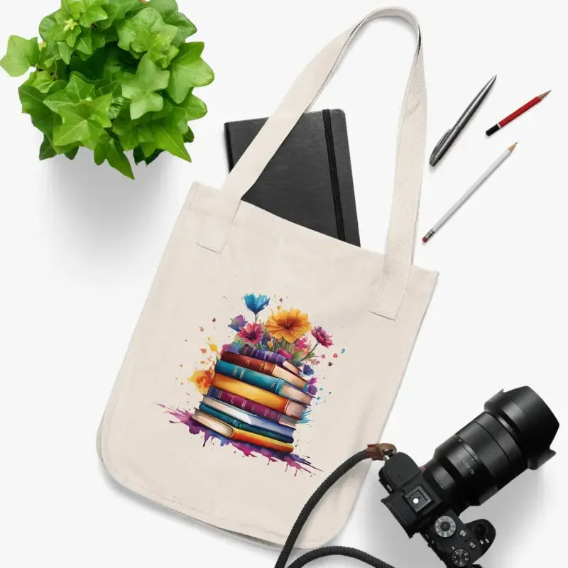 Organic Canvas Tote Bag with Books and Flowers