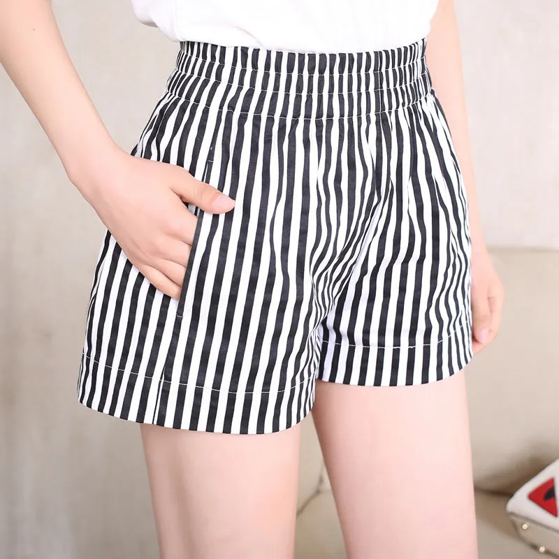 Outdoor Striped High Waist Beach Summer Women Shorts Plus Size Casual Hot Student Slim-Look Wide Leg Pants