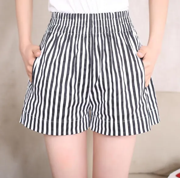 Outdoor Striped High Waist Beach Summer Women Shorts Plus Size Casual Hot Student Slim-Look Wide Leg Pants