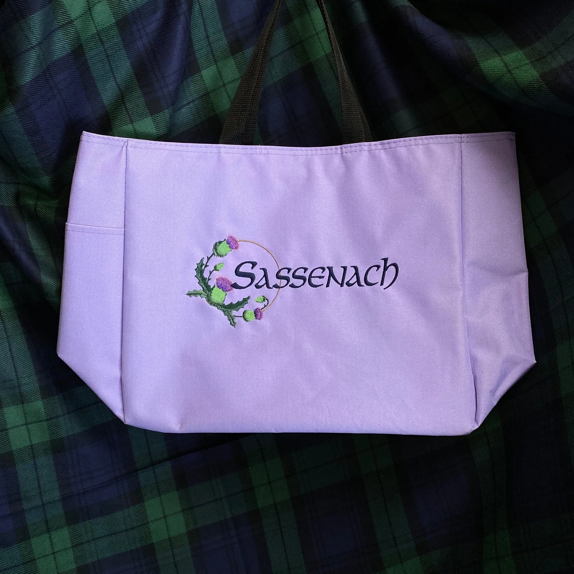 Outlander Sassenach Scottish Thistle Embroidered Heavy Canvas Tote Bag Gusseted Grocery Sack